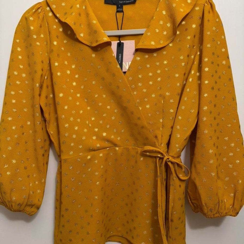 Womens Yellow with gold accents wrap blouse, new with tags. Size Small